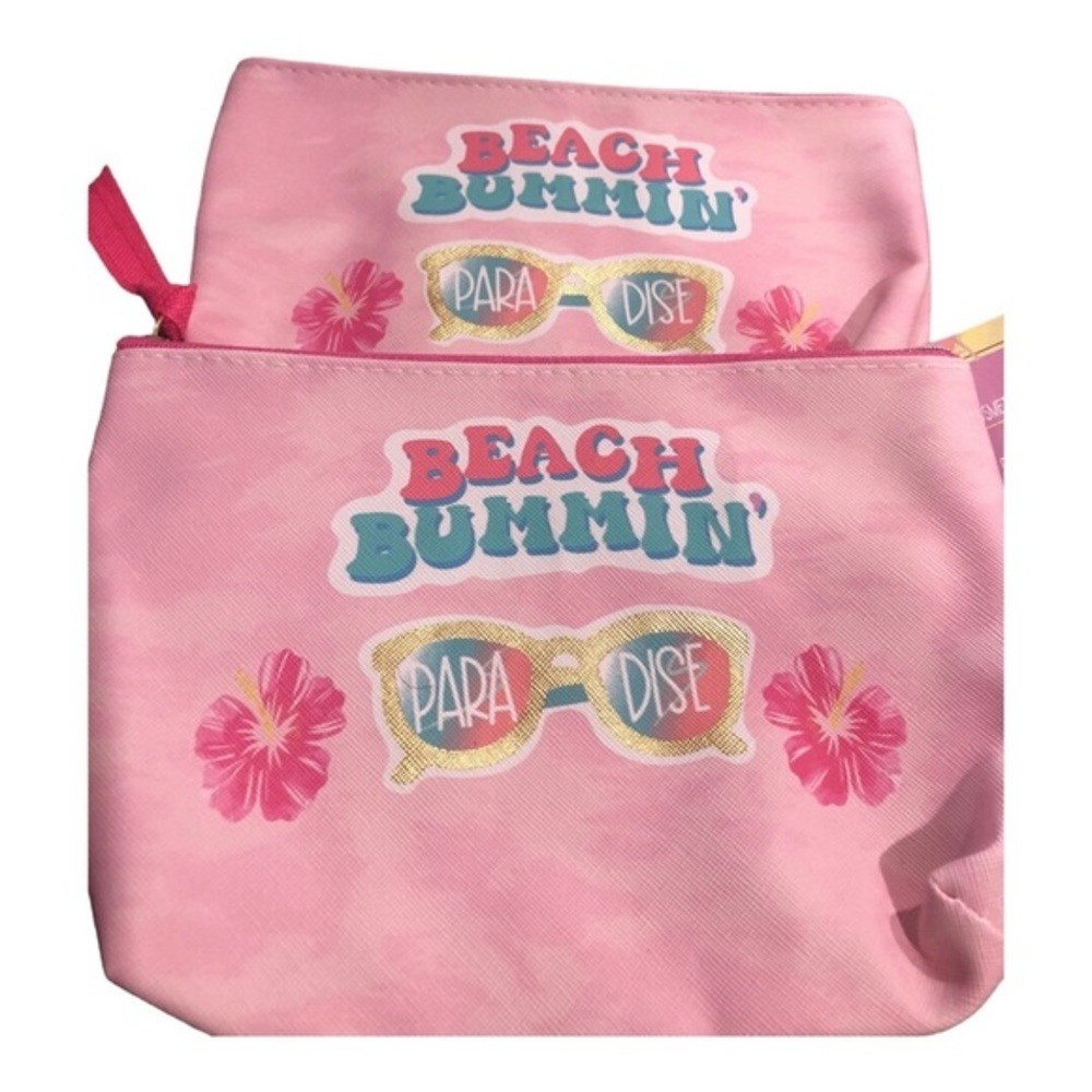 2pack pink “beach bummin’ paradise” make up cosmetics bag case purse clutch new - Picture 3 of 6